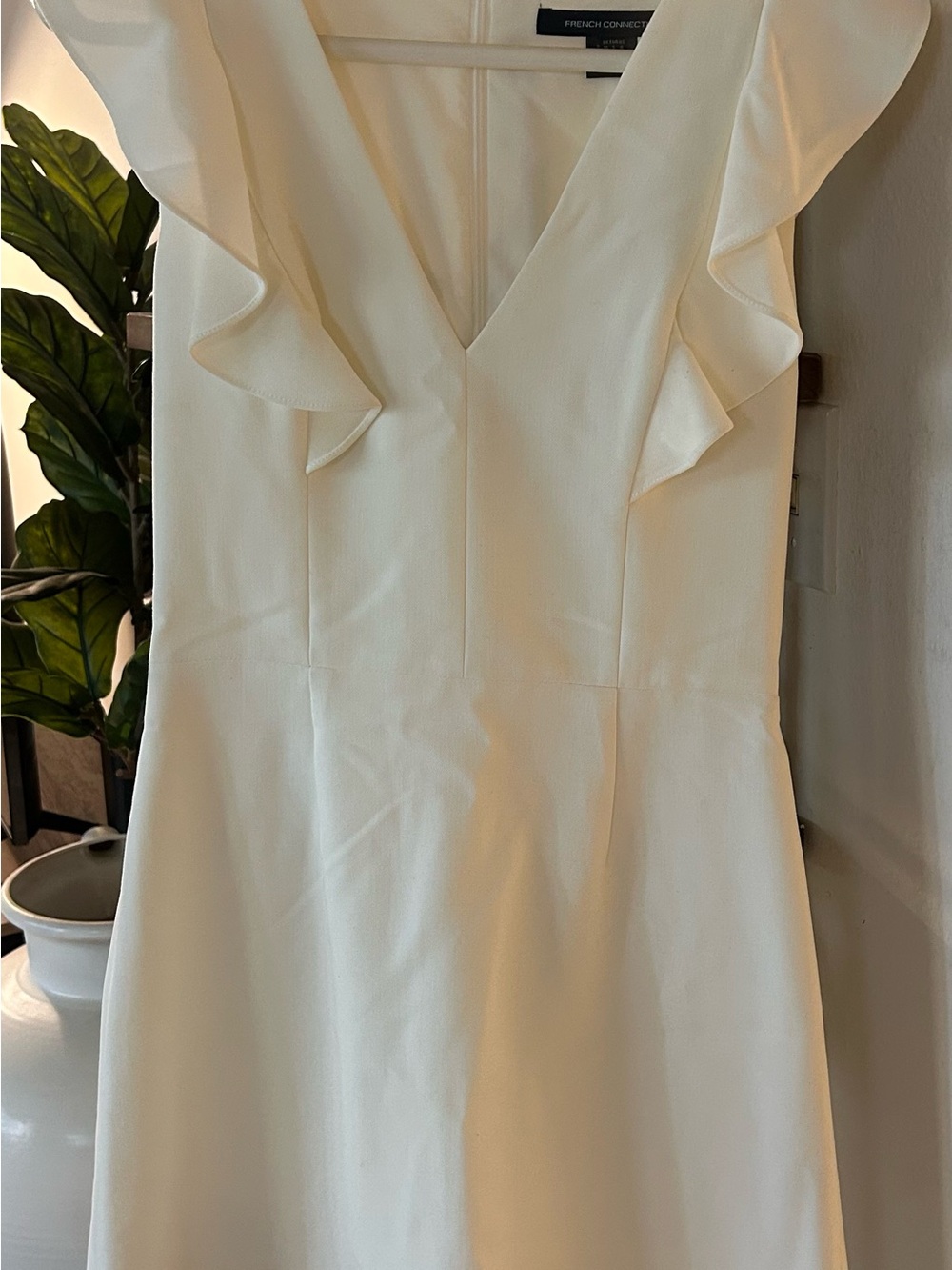 French Connection White V-Neck Midi Dress with Ruffle Shoulders